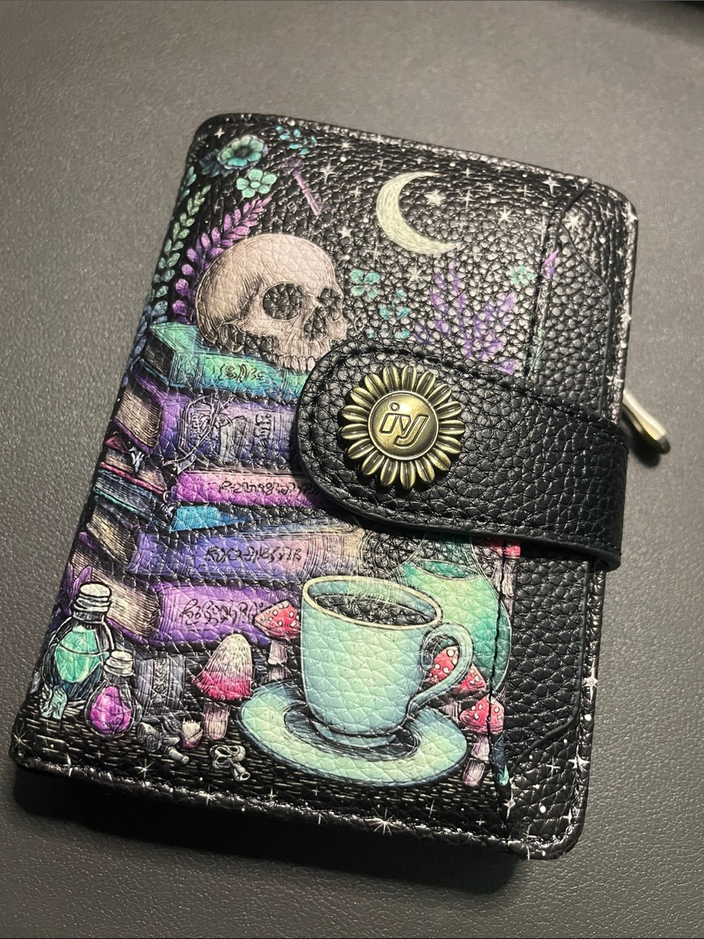 Goth Skull Tea & Books Compact Wallet - Black with Teal & Purple Artwork - Picture 8 of 13